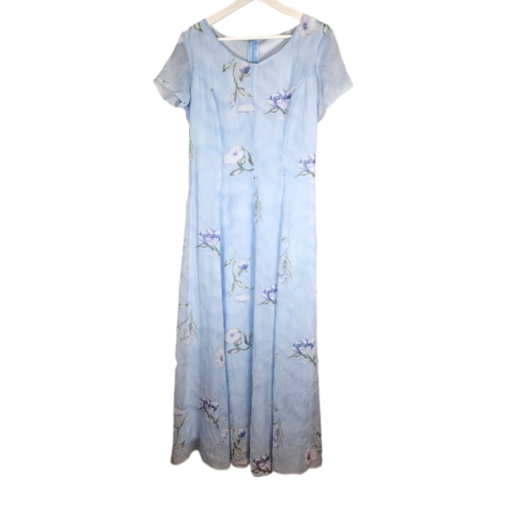 Vintage Pastel Blue Crinkle Floral Maxi Dress
